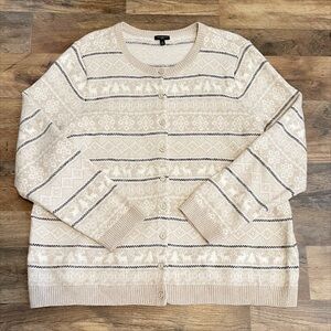 Talbots |  FairIsle Reindeer Button Front Cardigan Sweater Beige Cream